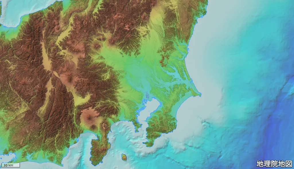 色別標高図と傾斜量図の合成で表示した関東平野