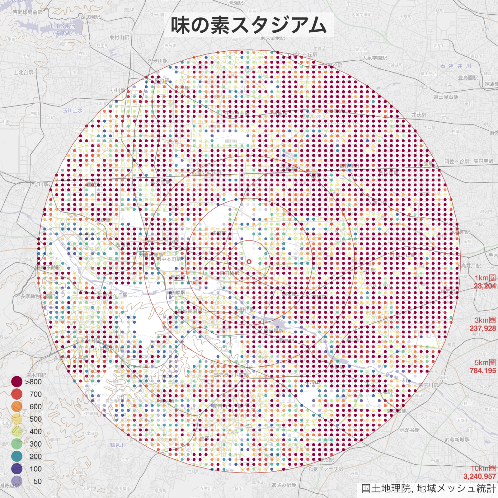 味の素スタジアム 国内のサッカースタジアム周辺の人口